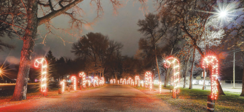 Submitted Photo Sparkling rows of electrifying candy canes shimmer in the dark at Oak Park. Through Dec. 31, visitors can tour the holiday themed celebration in their car for $5 per vehicle. Rates for limos and buses vary. Tickets can be pre-purchased at Visit Minot.